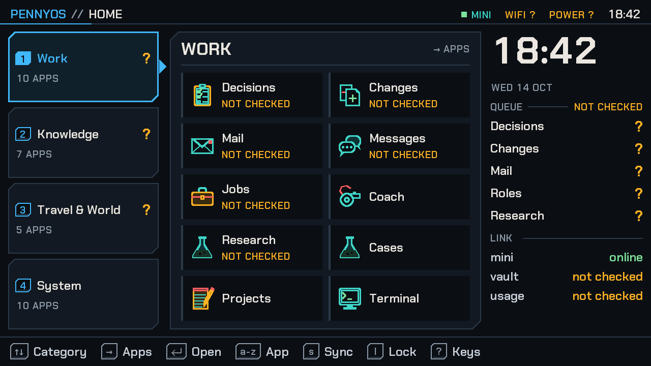 PennyOS Home in the cyberdeck theme: four groups on the left, the Work apps in the middle, a clock and the queue on the right.