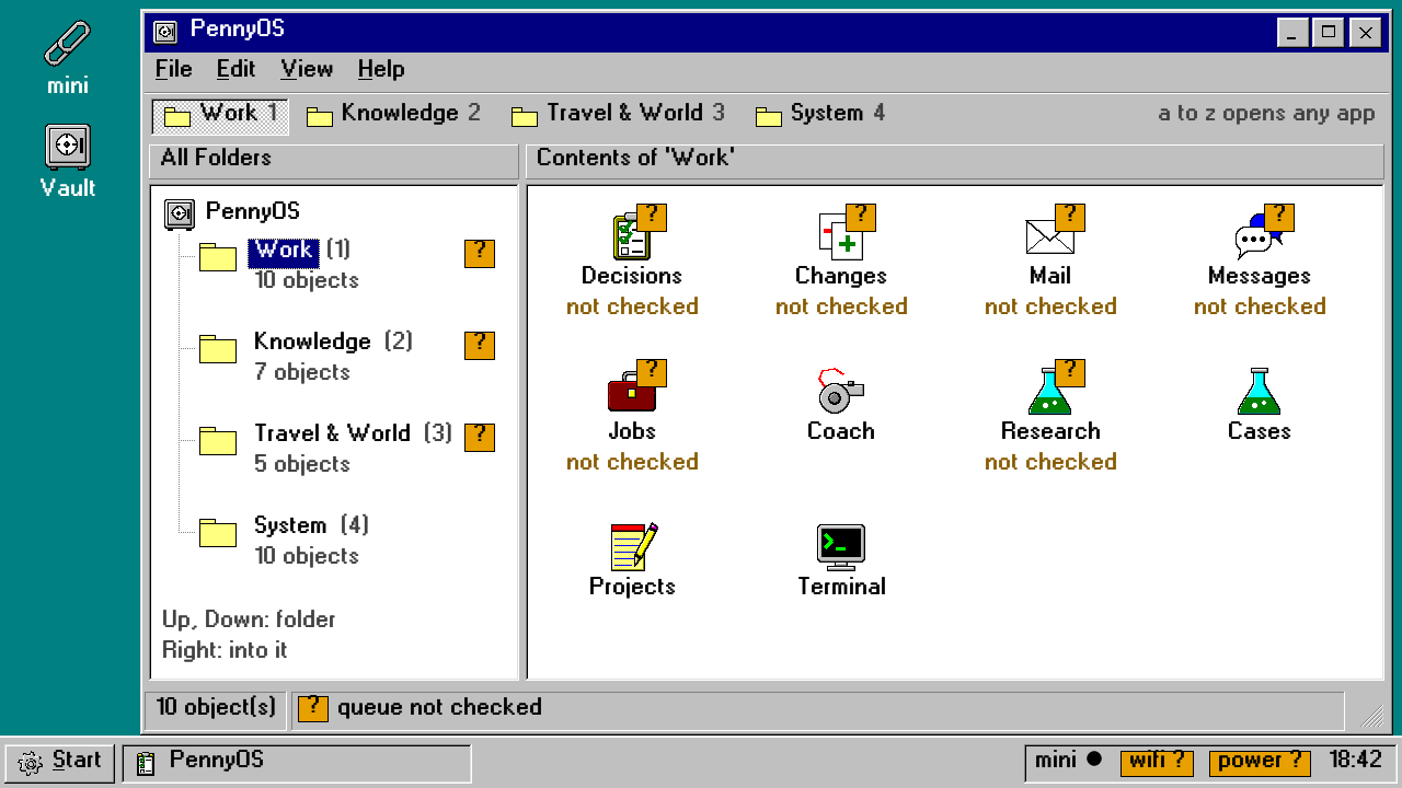 PennyOS Home in the win95 theme: a file manager window with the groups as folders.